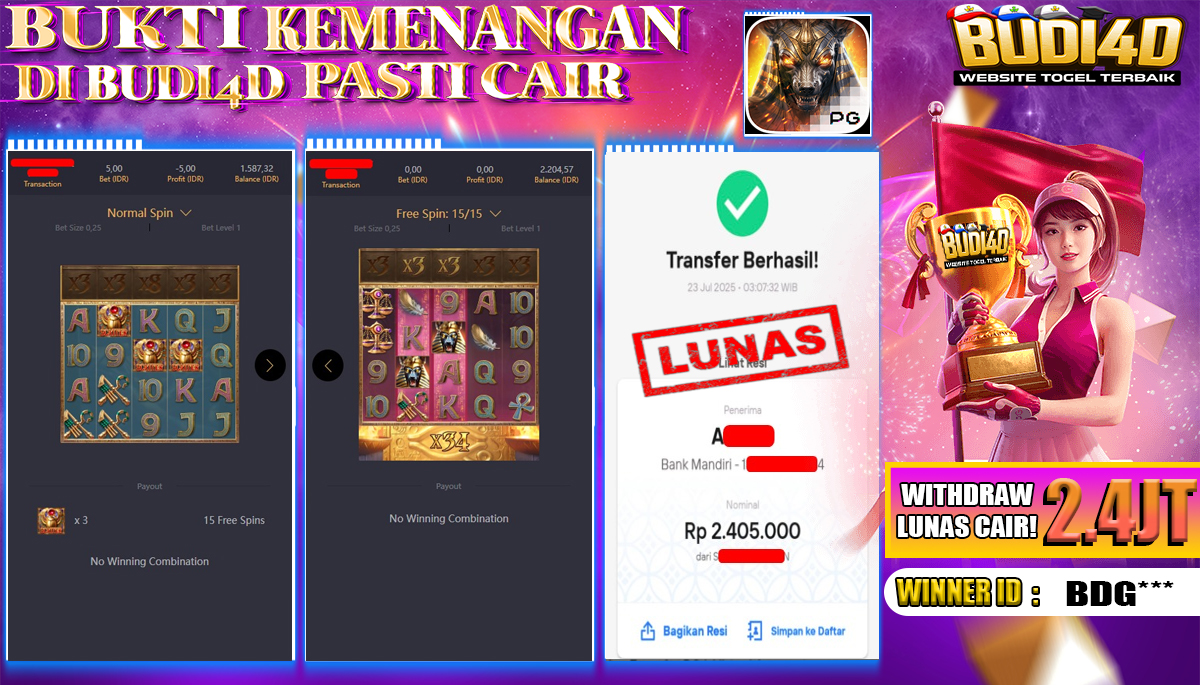 BUDI4D JACKPOT USERID: BDG*** SLOT PGSOFT ANUBIS WRATH Rp.2.405.000,- LUNAS